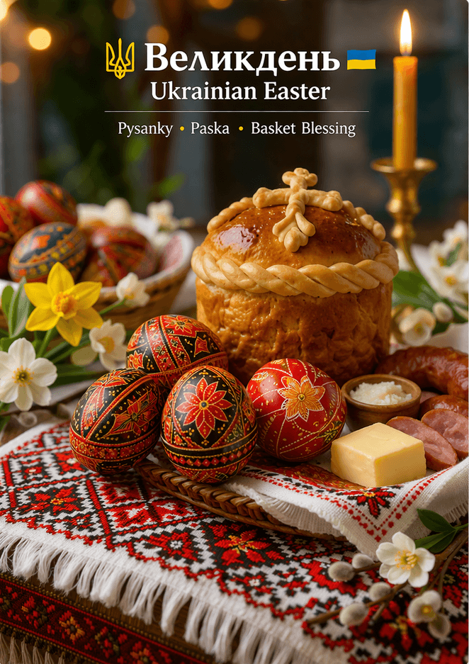Traditional Ukrainian Easter basket with decorated eggs and Easter bread